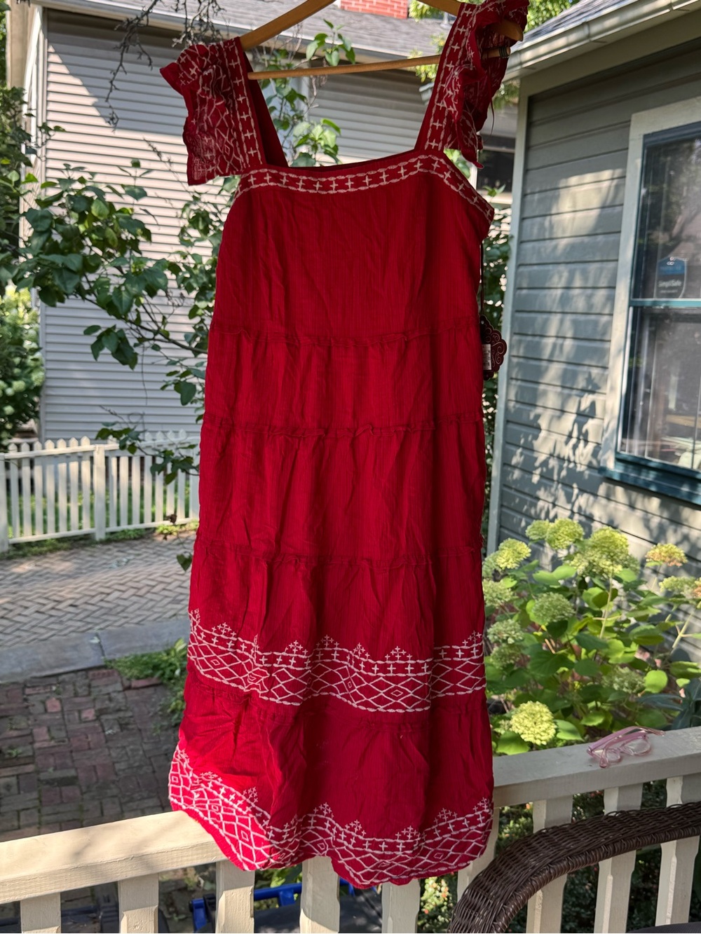 Knox Rose Red Tiered Mini Dress with White Embroidery